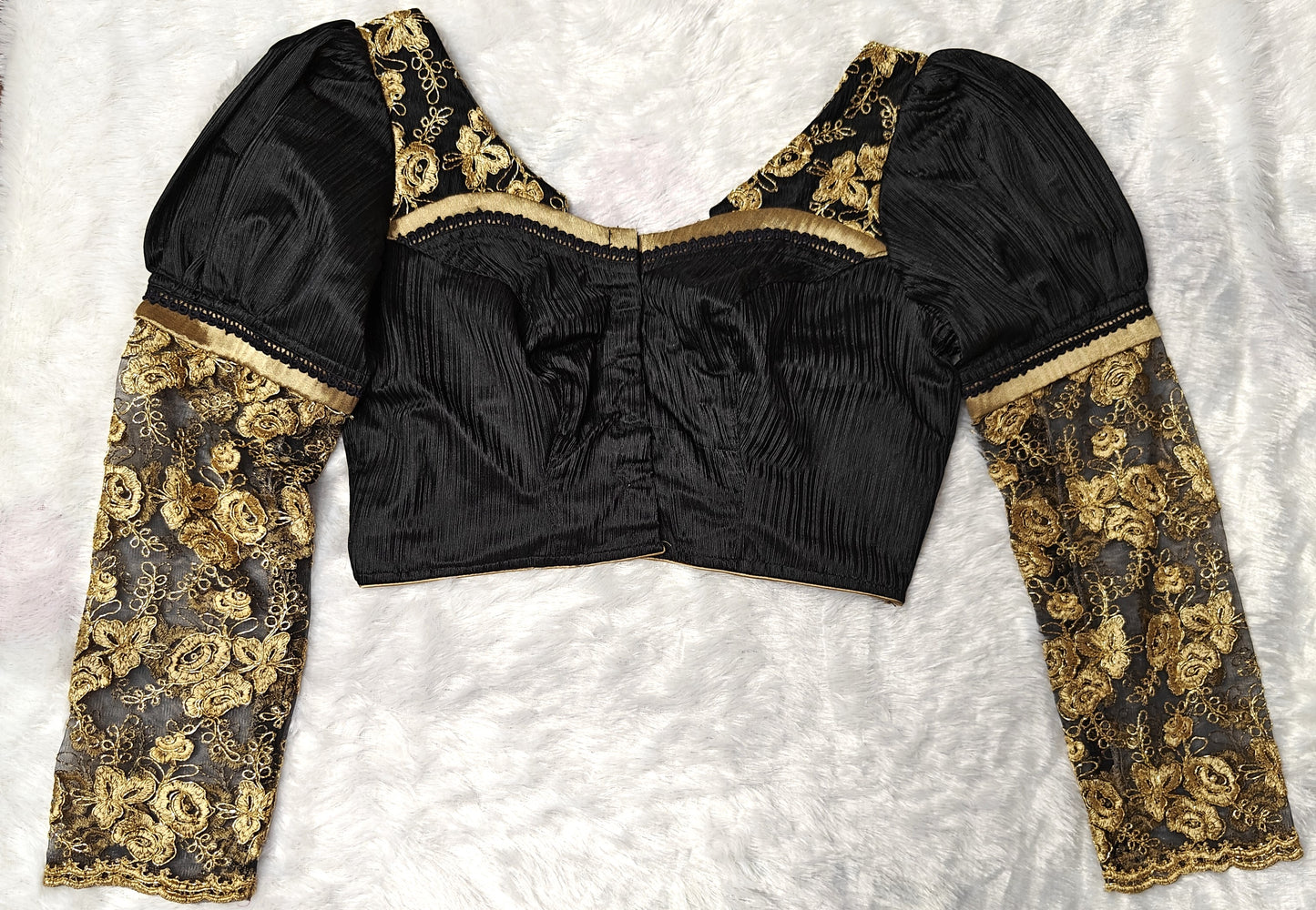 Golden Zari Bridal Designer Blouse with Sheer Net Sleeves | Maggam Work | Readymade