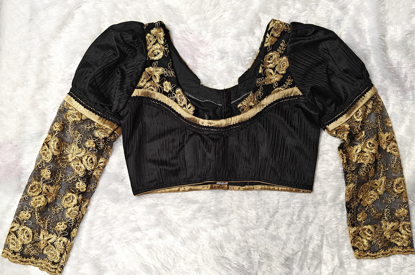 Golden Zari Bridal Designer Blouse with Sheer Net Sleeves | Maggam Work | Readymade