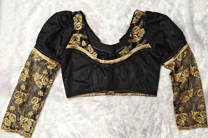 Golden Zari Bridal Designer Blouse with Sheer Net Sleeves | Maggam Work | Readymade