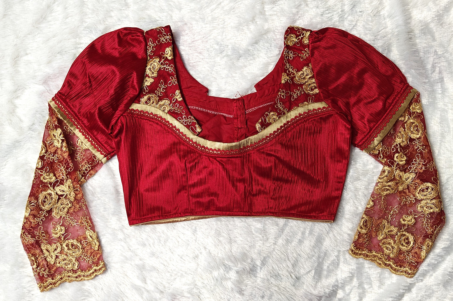 Golden Zari Bridal Designer Blouse with Sheer Net Sleeves | Maggam Work | Readymade