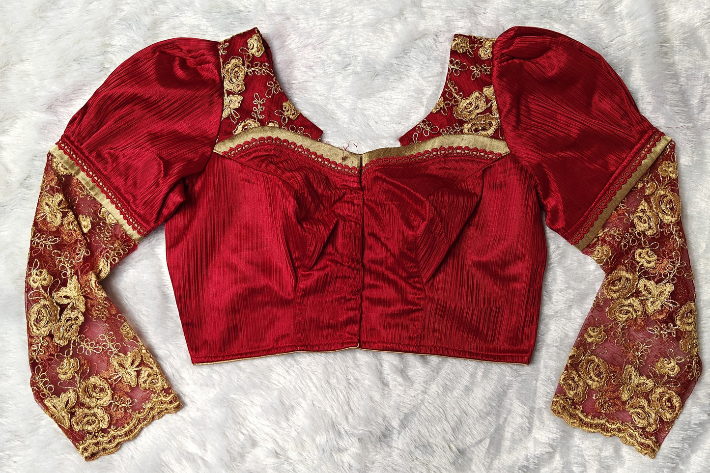 Golden Zari Bridal Designer Blouse with Sheer Net Sleeves | Maggam Work | Readymade