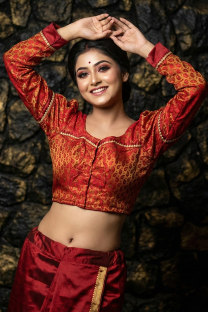 Red Silk Bridal Blouse full sleeves Bengali wedding design front hook closure