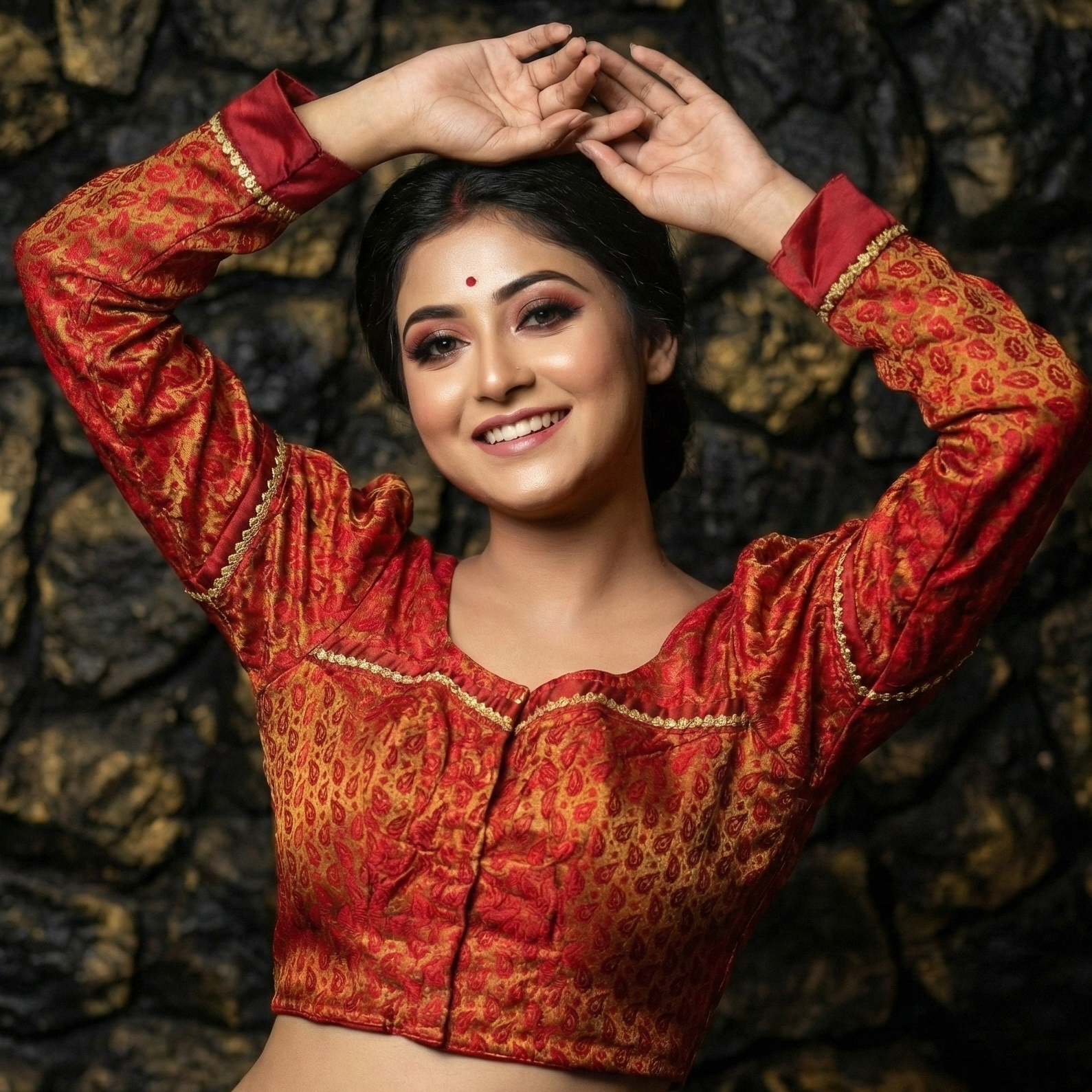 Red Silk Bridal Blouse full sleeves Bengali wedding design front hook closure