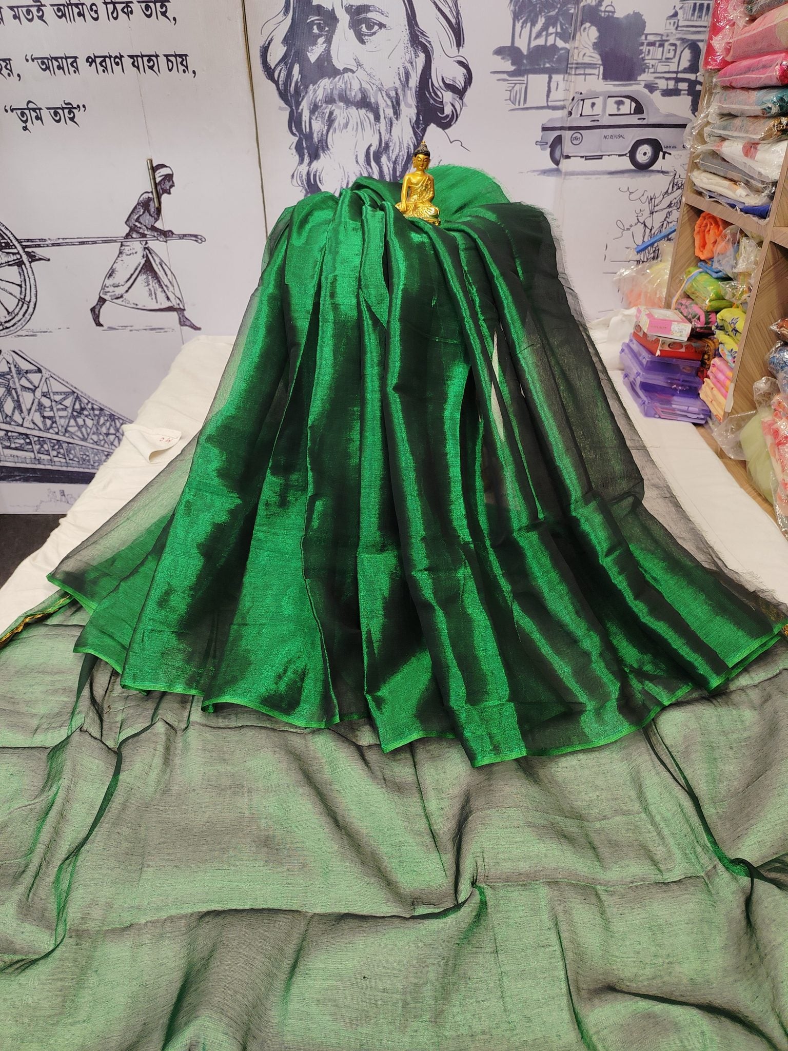 Exclusive New Trending Raga Tissue Less Border Saree (With Blouse Piece) in Green with blouse piece - Bong Trendz - view 4