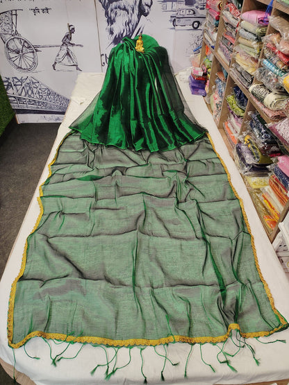 Exclusive New Trending Raga Tissue Less Border Saree (With Blouse Piece) in Green with blouse piece - Bong Trendz - view 5
