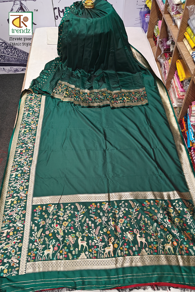 Gulmohor Butter Silk Saree – Deep Green | Butter Silk Saree Online | Bong Trendz
