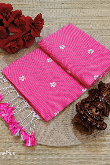 Handloom Kota Cotton Flower Embroidery Work Saree in Pink with blouse piece - Bong Trendz