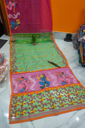 Jamdani Kota Hand Paint Saree – Nortoki Peacock Design | Potochitra Folk Art | Bong Trendz