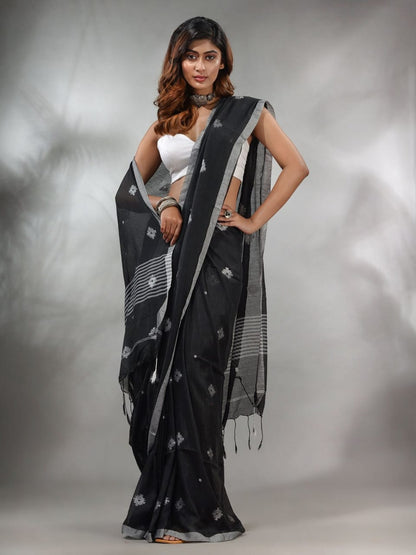 Jhilmil Plain Soft Cotton Handloom Saree – Black | Bengali Cotton Saree | Bong Trendz