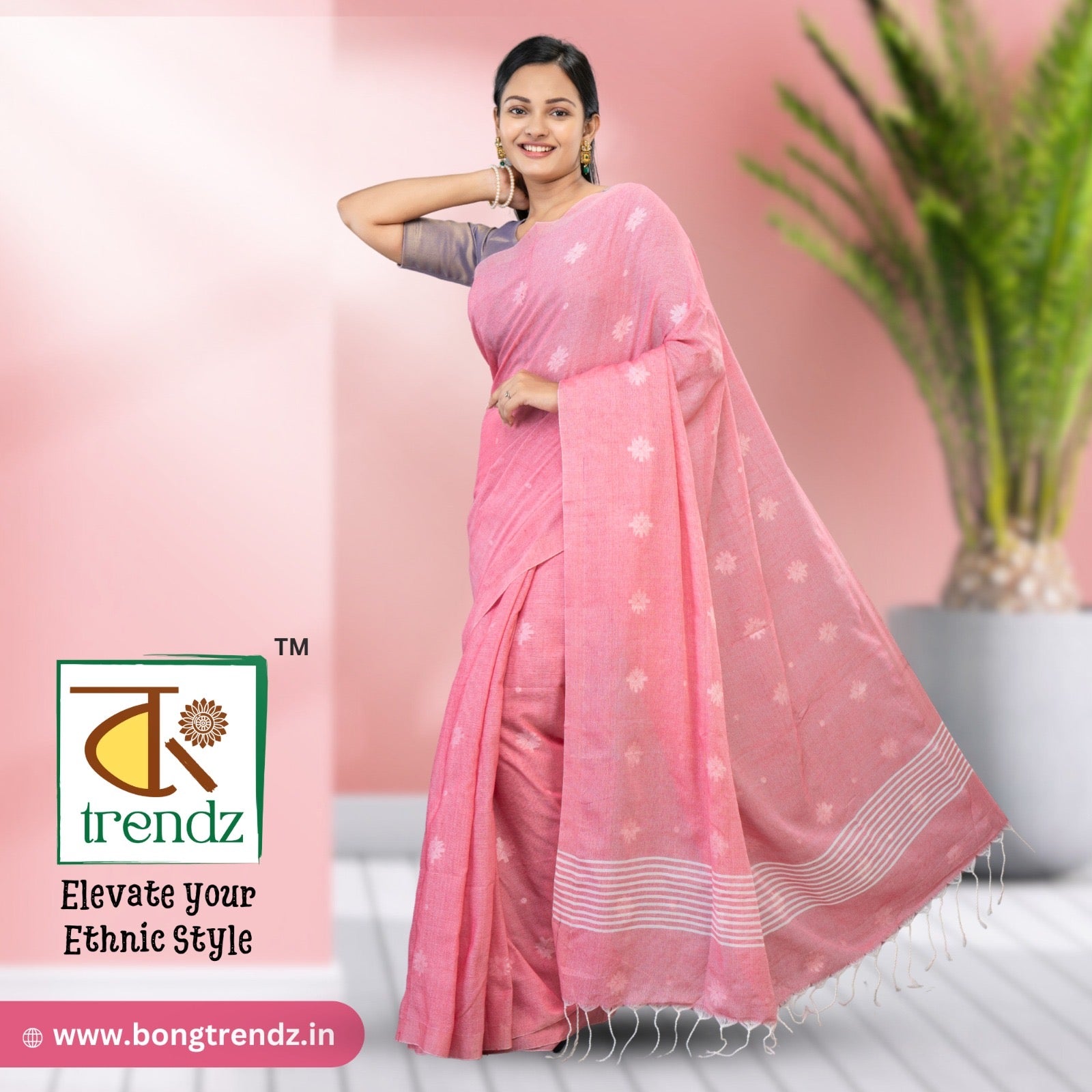 Jhilmil Plain Soft Cotton Handloom Saree – Pink | Bengali Cotton Saree | Bong Trendz