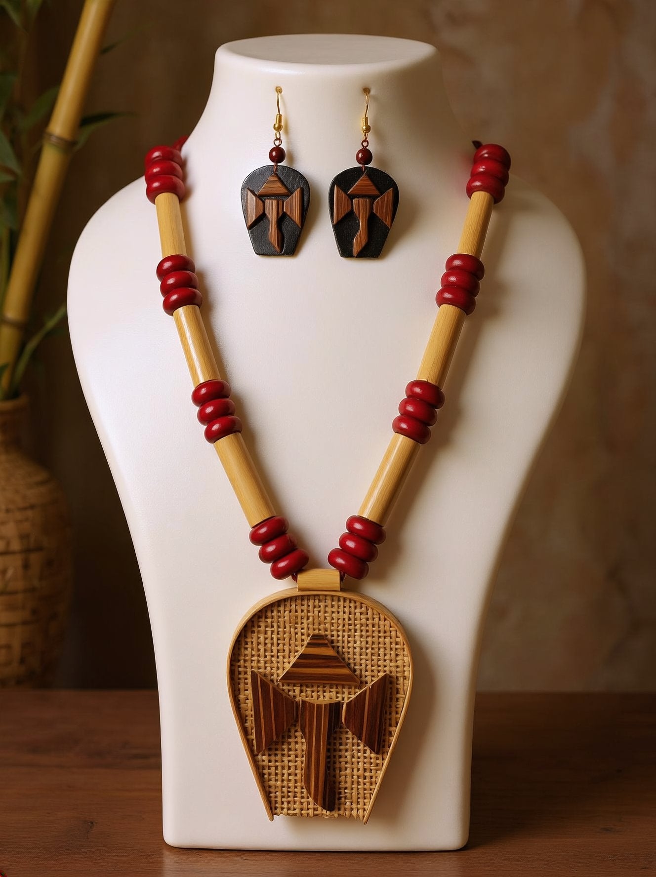Tribal bamboo necklace with jute weave mask pendant and wooden inlay, red beads on bamboo tubes, with matching mask earrings