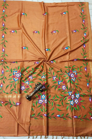 Katan Staple Silk Saree With Hand Brush Print Work in Rust Orange - Bong Trendz