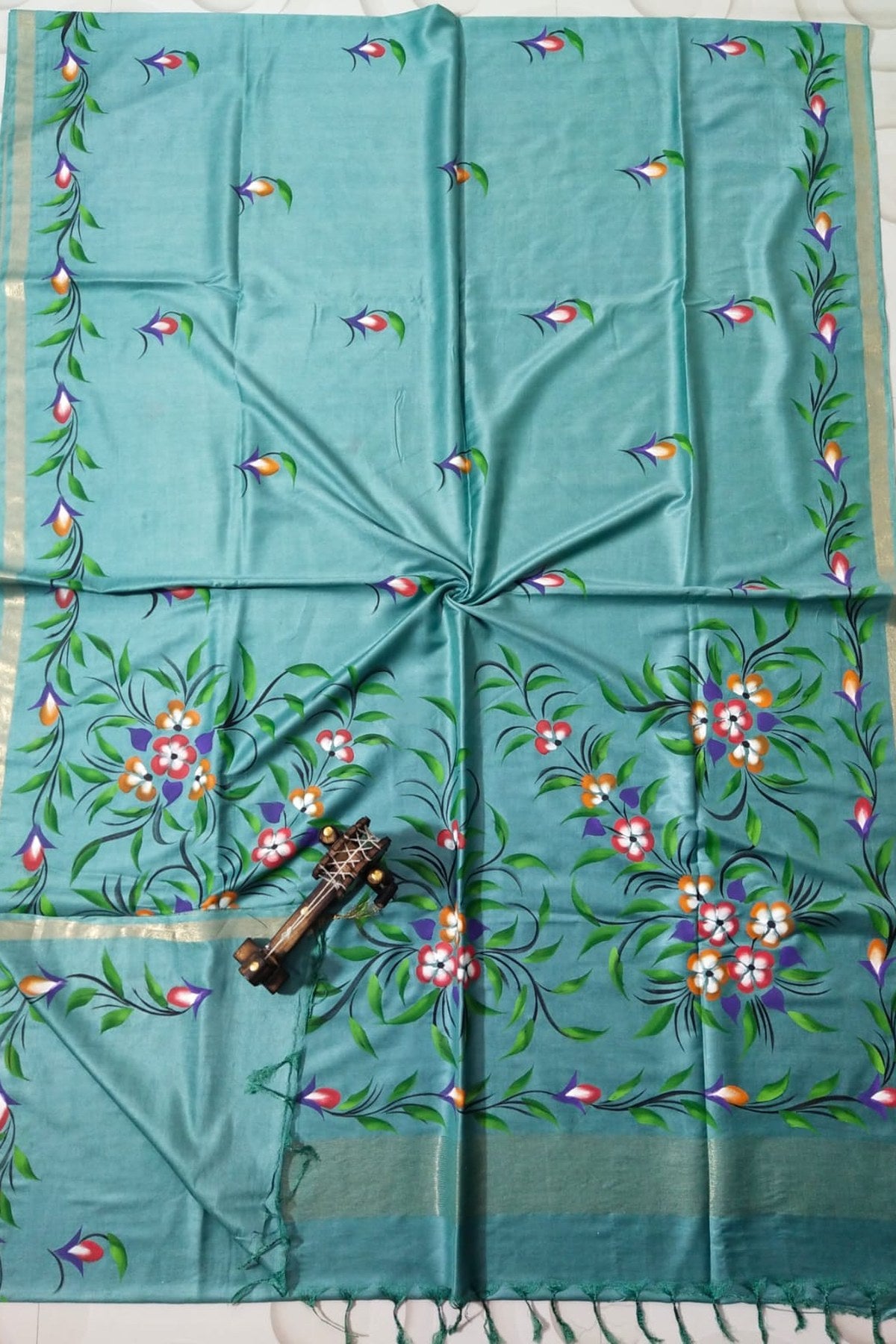 Katan Staple Silk Saree With Hand Brush Print Work in Teal - Bong Trendz