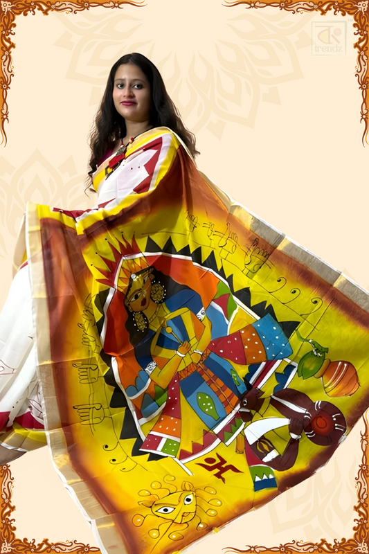 Authentic Kerala Cotton Hand Painted Saree – Kasavu Elegance