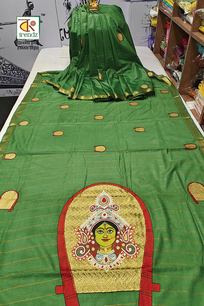 Kulo Devi Durga Embroidered Silk Saree – Green | Silk Saree Online | Bong Trendz
