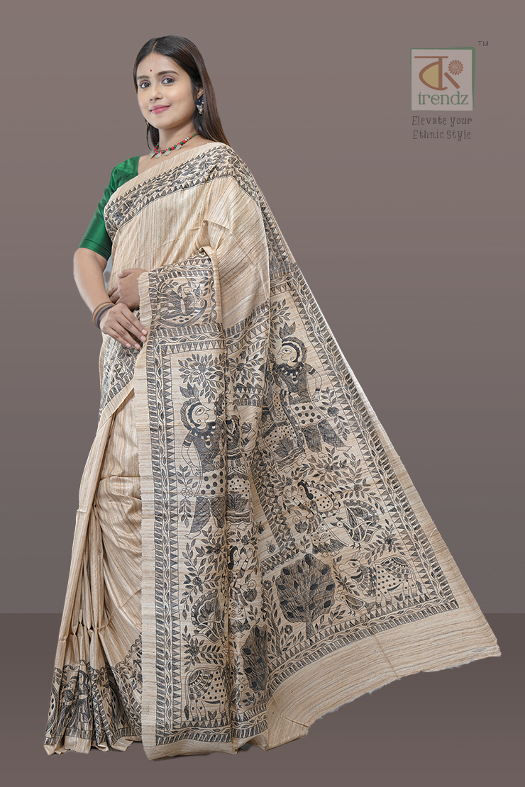 Maa Bhagawati Tassar Ghicha Silk Saree – Style 2 Off White | Hand Paint Silk | Bong Trendz