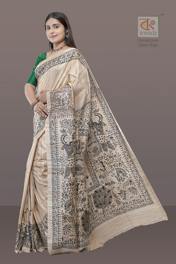 Maa Bhagawati Tassar Ghicha Silk Saree – Style 2 Off White | Hand Paint Silk | Bong Trendz