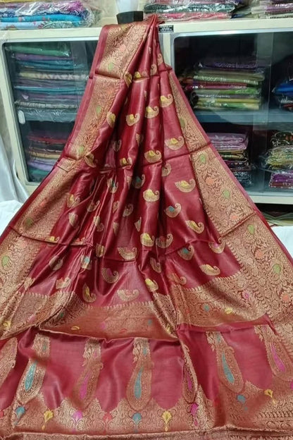 Banarasi Pure Tussar Munga Silk Saree With Zari Buti Weave in Maroon with blouse piece - Bong Trendz