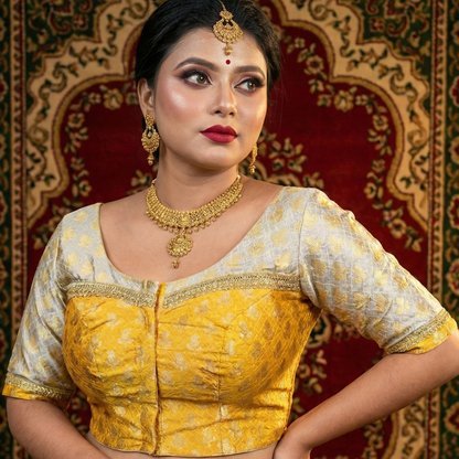 Muktamala Dual-Tone Silk Zari Blouse – Yellow Size 34 | Silk Zari Blouse | Bong Trendz