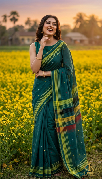 Mul Cotton Rainbow Stripe Saree – Forest Teal, View 2 | Bong Trendz
