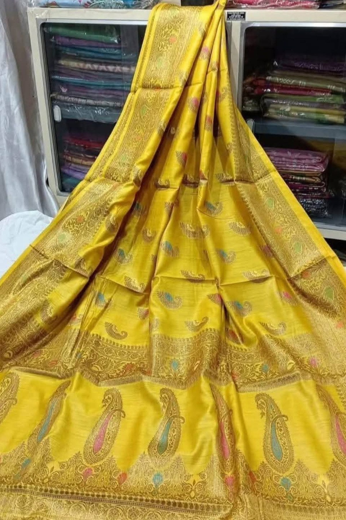 Banarasi Pure Tussar Munga Silk Saree With Zari Buti Weave in Mustard Yellow with blouse piece - Bong Trendz