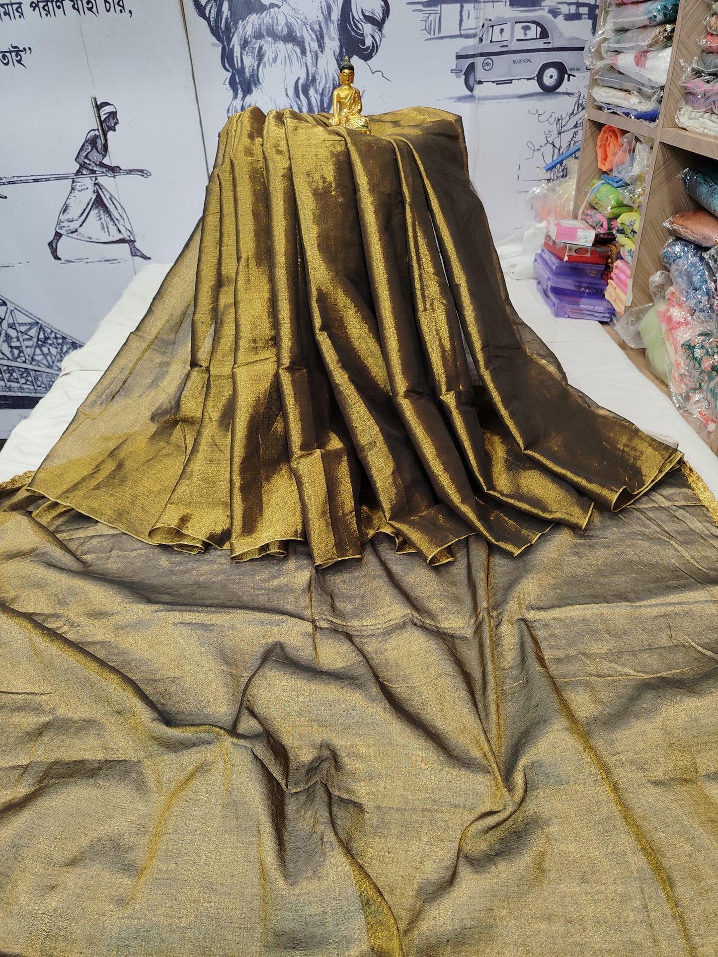 Exclusive New Trending Raga Tissue Less Border Saree (With Blouse Piece) in Olive Gold with blouse piece - Bong Trendz - view 4