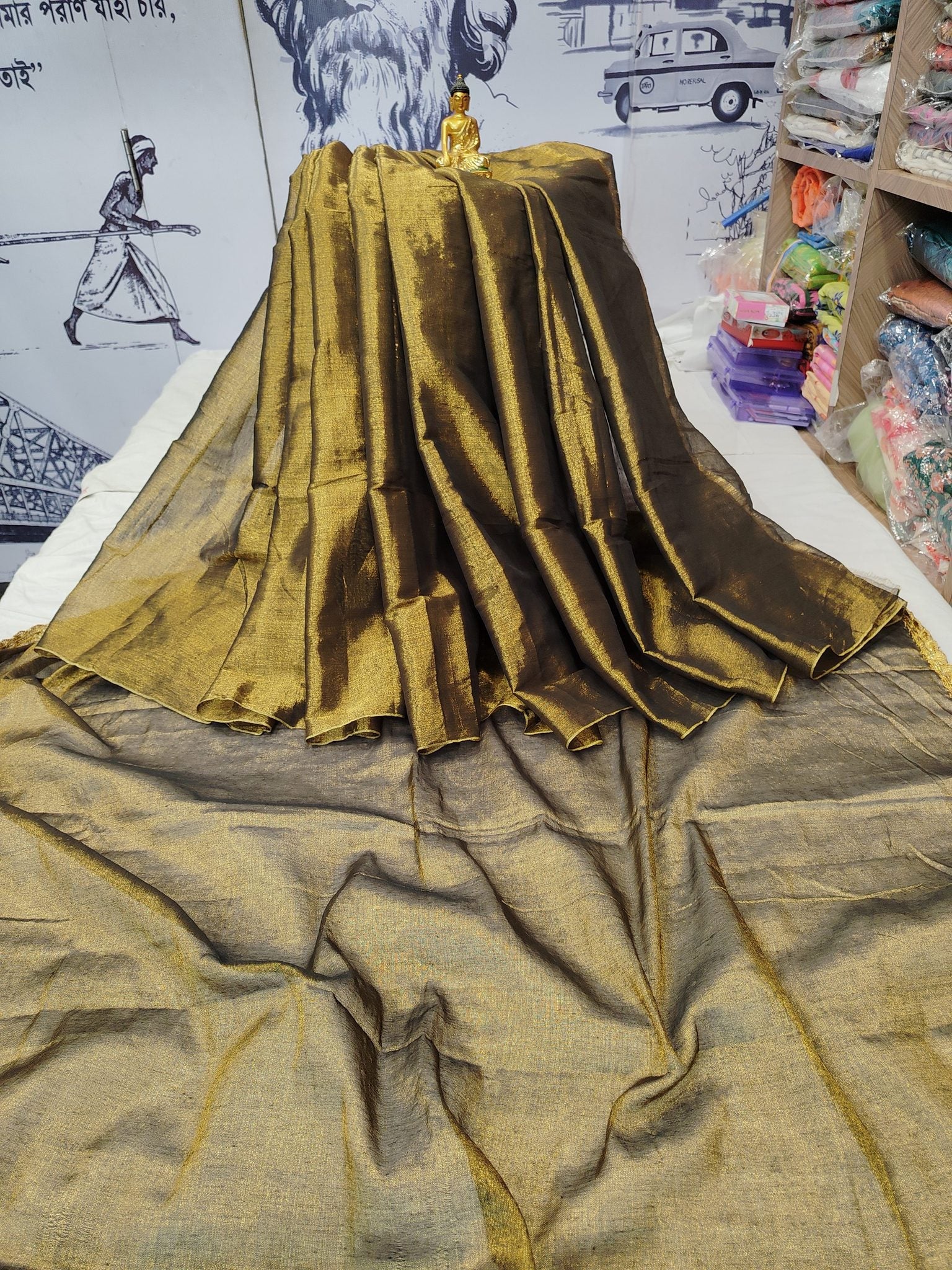 Exclusive New Trending Raga Tissue Less Border Saree (With Blouse Piece) in Olive Gold with blouse piece - Bong Trendz - view 4