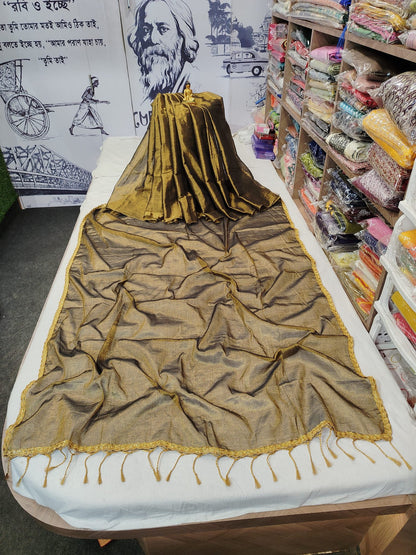 Exclusive New Trending Raga Tissue Less Border Saree (With Blouse Piece) in Olive Gold with blouse piece - Bong Trendz - view 5