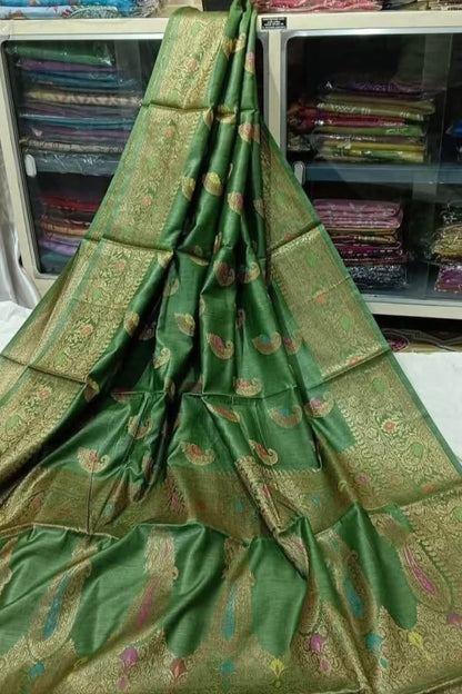 Banarasi Pure Tussar Munga Silk Saree With Zari Buti Weave in Olive Green with blouse piece - Bong Trendz