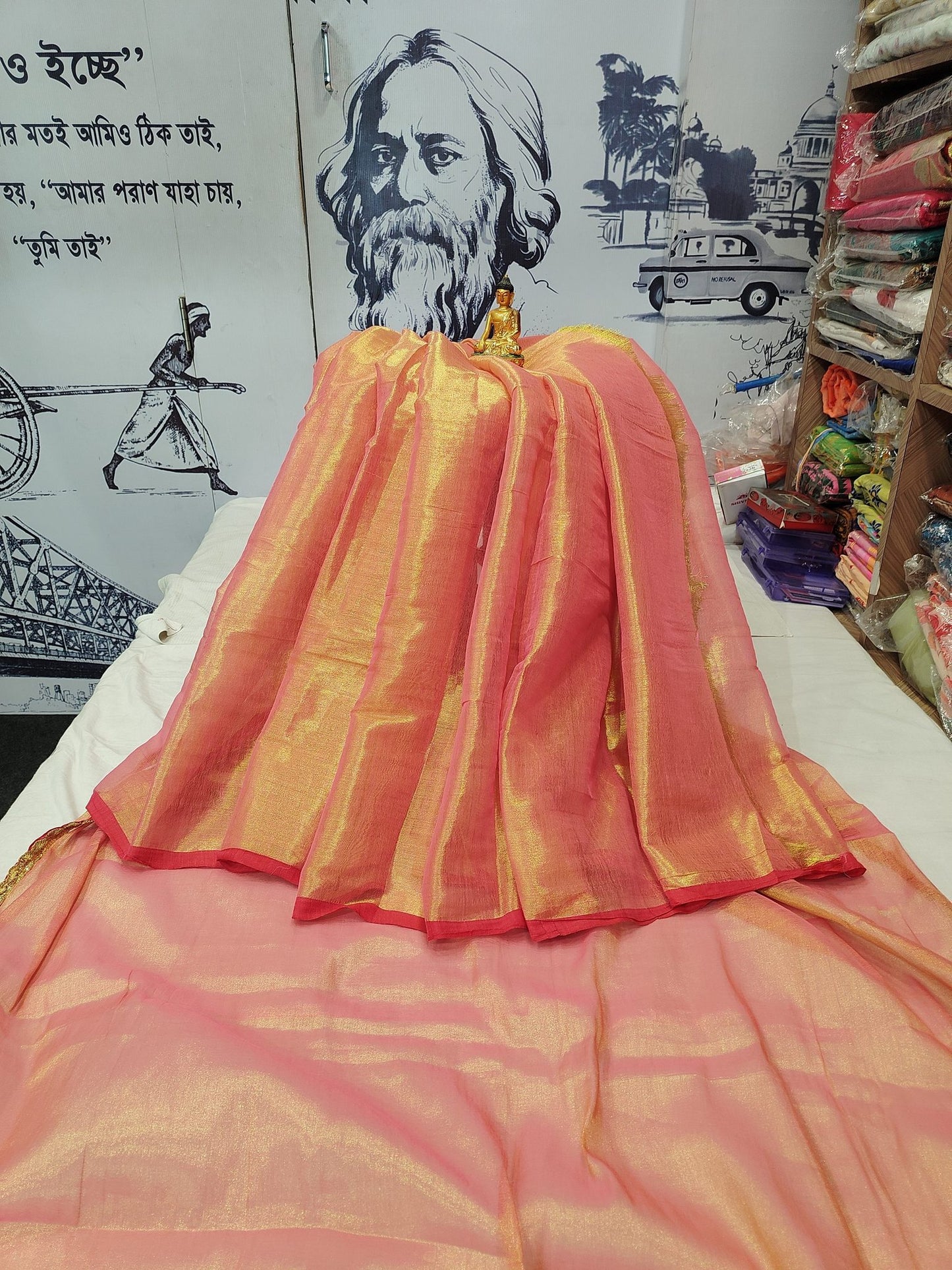 Exclusive New Trending Raga Tissue Less Border Saree (With Blouse Piece) in Peach with blouse piece - Bong Trendz - view 4