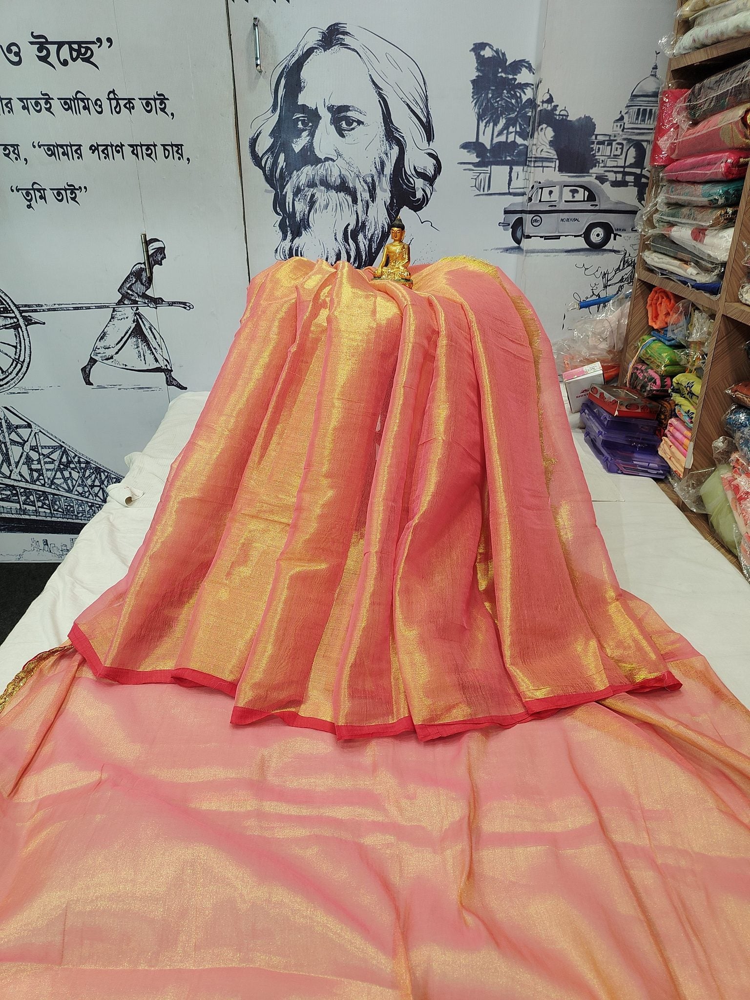 Exclusive New Trending Raga Tissue Less Border Saree (With Blouse Piece) in Peach with blouse piece - Bong Trendz - view 4