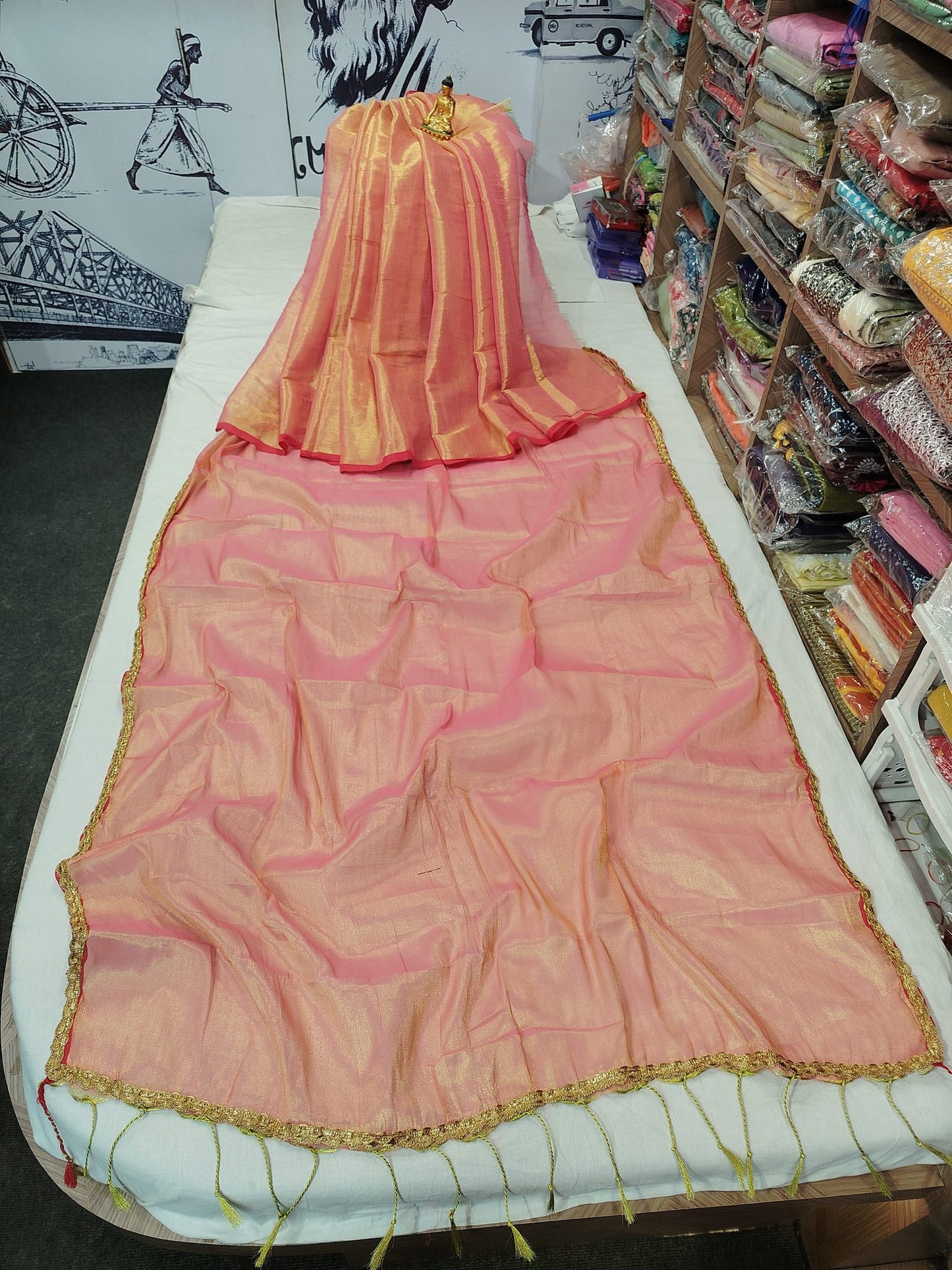Exclusive New Trending Raga Tissue Less Border Saree (With Blouse Piece) in Peach with blouse piece - Bong Trendz - view 5