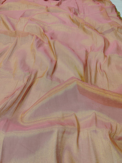 Exclusive New Trending Raga Tissue Less Border Saree (With Blouse Piece) in Peach fabric texture - Bong Trendz