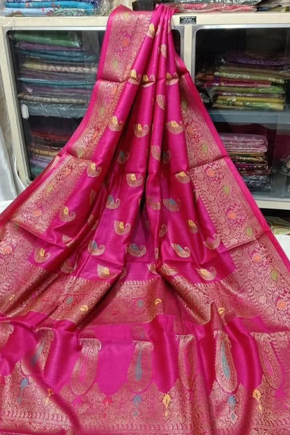 Banarasi Pure Tussar Munga Silk Saree With Zari Buti Weave in Pink Crimson with blouse piece - Bong Trendz