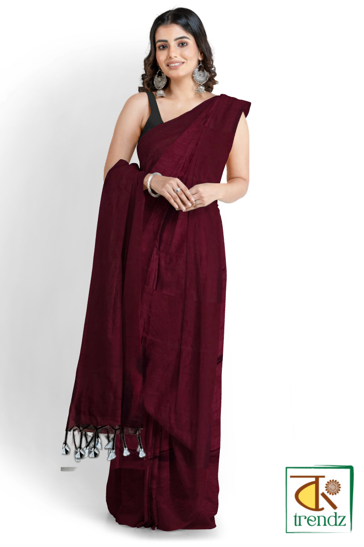 Plain Soft Cotton Handloom Saree – Maroon | Bengali Handloom Saree | Bong Trendz