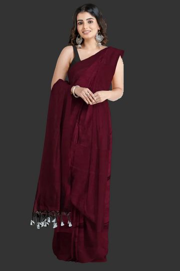 Plain Soft Cotton Handloom Saree – Maroon | Bengali Handloom Saree | Bong Trendz