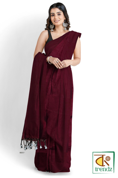 Plain Soft Cotton Handloom Saree – Maroon | Bengali Handloom Saree | Bong Trendz