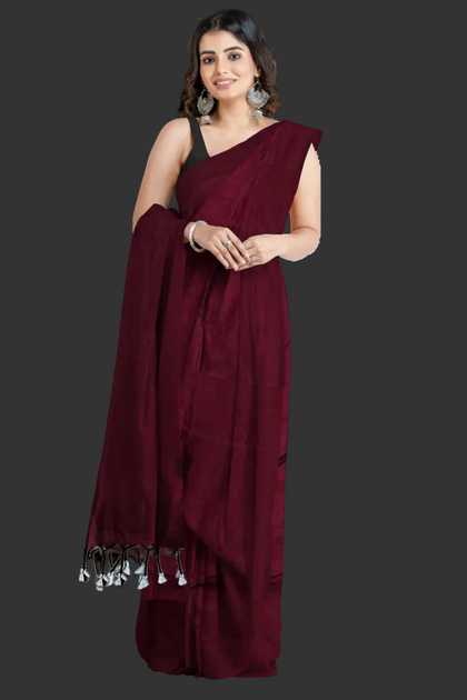 Plain Soft Cotton Handloom Saree – Maroon | Bengali Handloom Saree | Bong Trendz