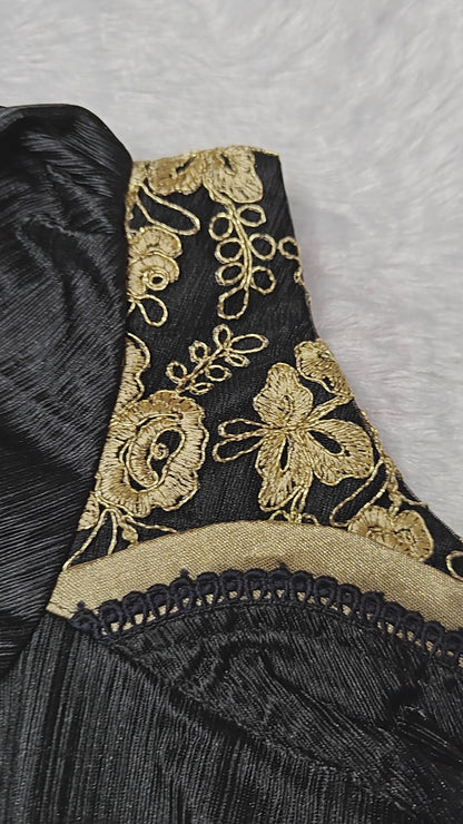 Golden Zari Bridal Designer Blouse with Sheer Net Sleeves | Maggam Work | Readymade