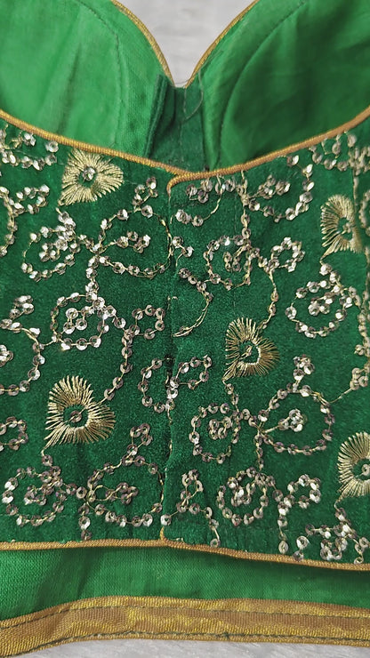Bridal Sabyasachi Style Green Silk Blouse with Golden Zari Work – Padded