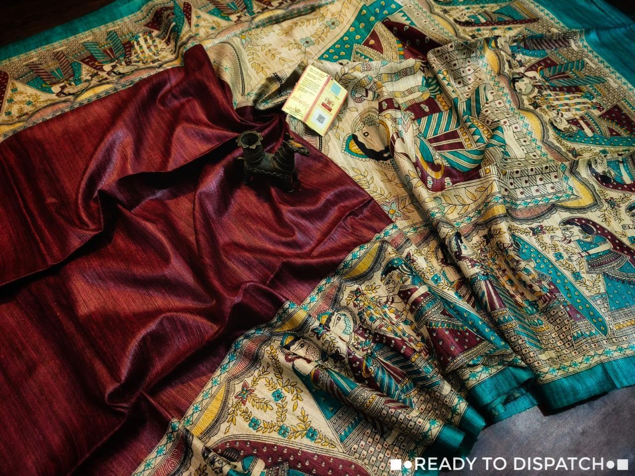 Pure Tussar Ghicha Handloom Silk Saree With Madhubani Screen Print - Image 1 | Bong Trendz