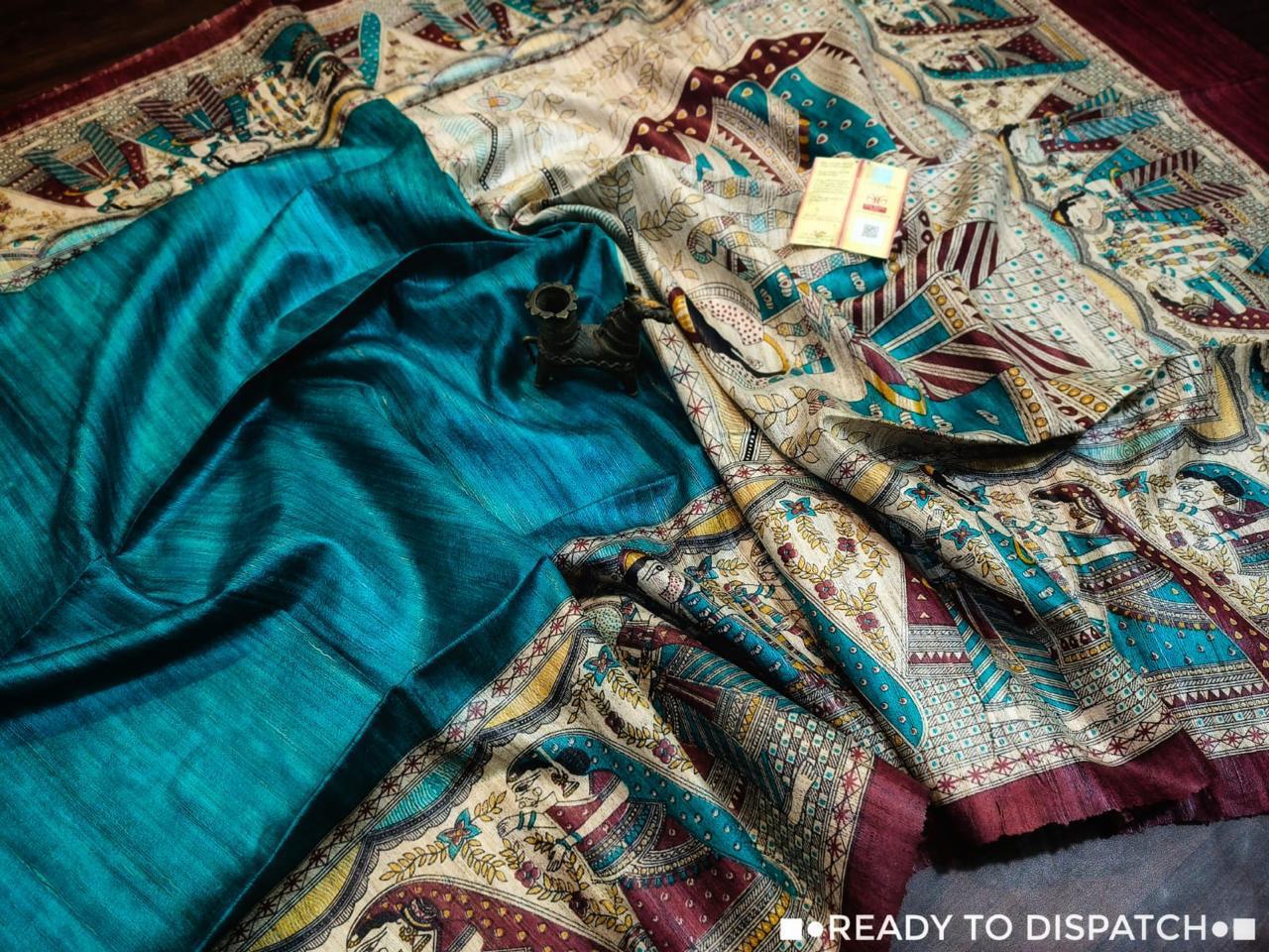 Pure Tussar Ghicha Handloom Silk Saree With Madhubani Screen Print - Image 2 | Bong Trendz