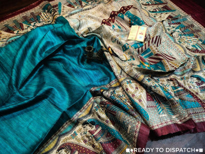 Pure Tussar Ghicha Handloom Silk Saree With Madhubani Screen Print - Image 2 | Bong Trendz