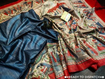Pure Tussar Ghicha Handloom Silk Saree With Madhubani Screen Print - Image 3 | Bong Trendz