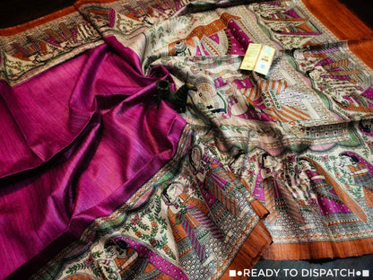Pure Tussar Ghicha Handloom Silk Saree With Madhubani Screen Print - Image 4 | Bong Trendz