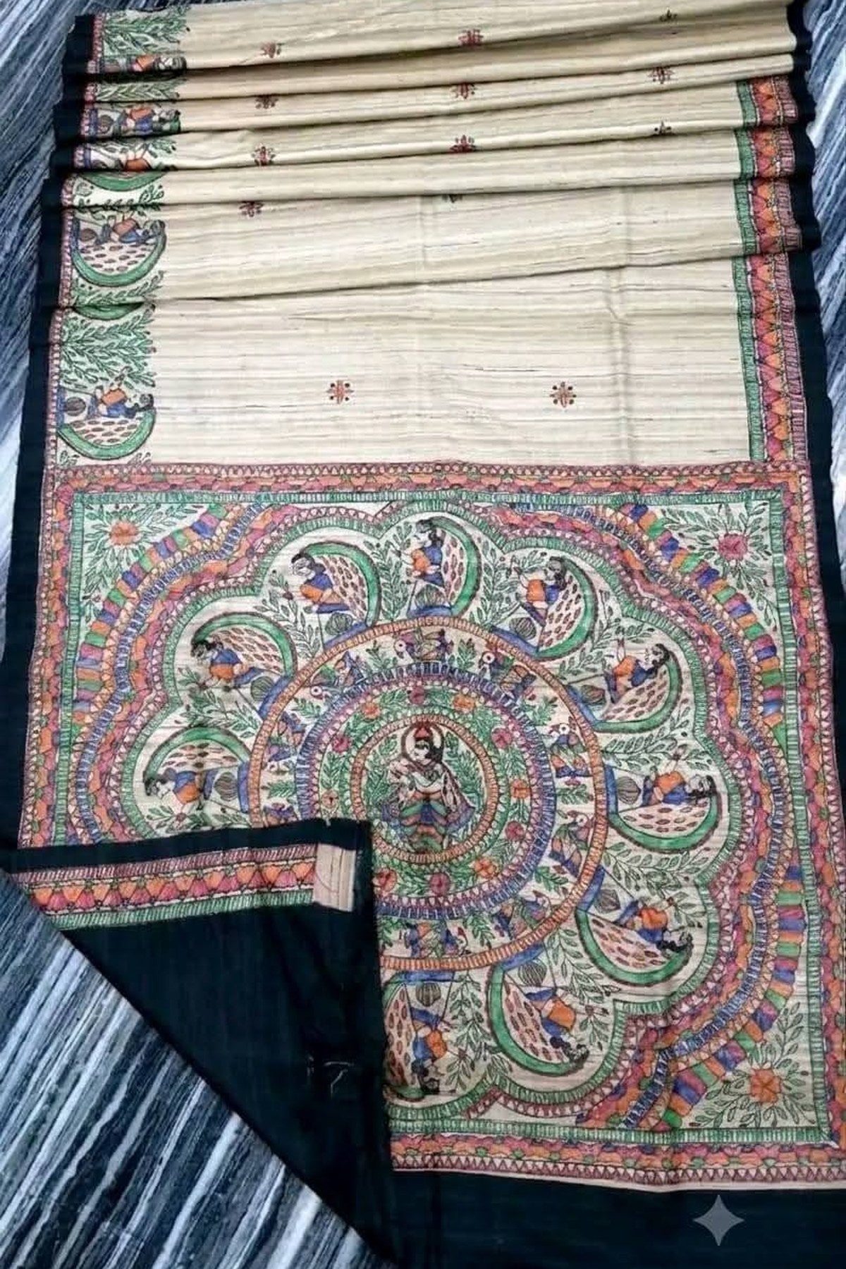 Pure Tussar Ghicha Handloom Silk Saree With Madhubani Hand Paint in Black - Bong Trendz