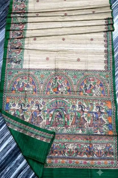 Pure Tussar Ghicha Handloom Silk Saree With Madhubani Hand Paint in Bottle Green - Bong Trendz