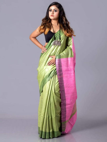 Pure Tussar Staple Handloom Silk Saree with Ghicha Pallu - Image 1 | Bong Trendz