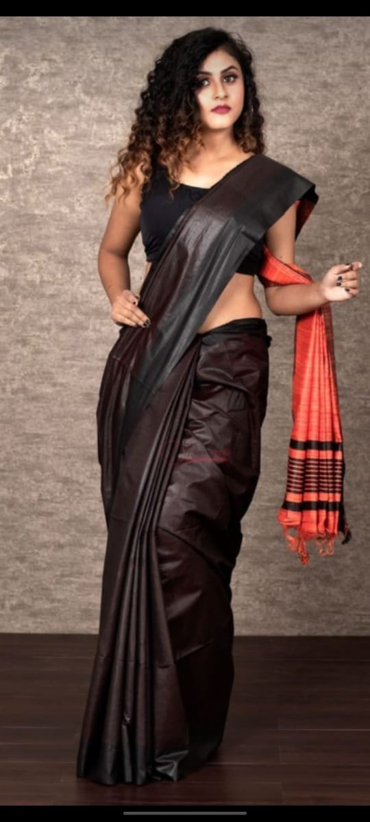 Pure Tussar Staple Handloom Silk Saree with Ghicha Pallu - Image 10 | Bong Trendz