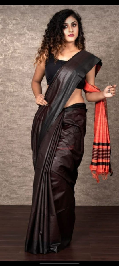 Pure Tussar Staple Handloom Silk Saree with Ghicha Pallu - Image 10 | Bong Trendz
